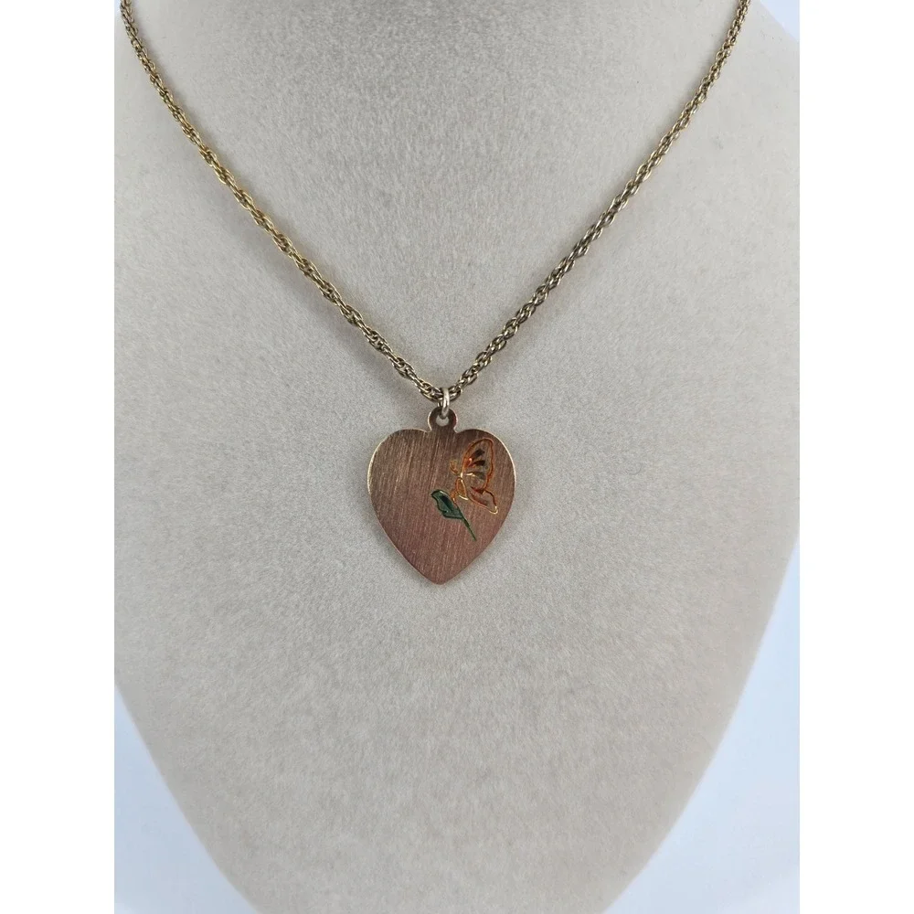 Kellie Waters Necklace Womens Heart Butterfly Etched Gold Tone Pendant EUC